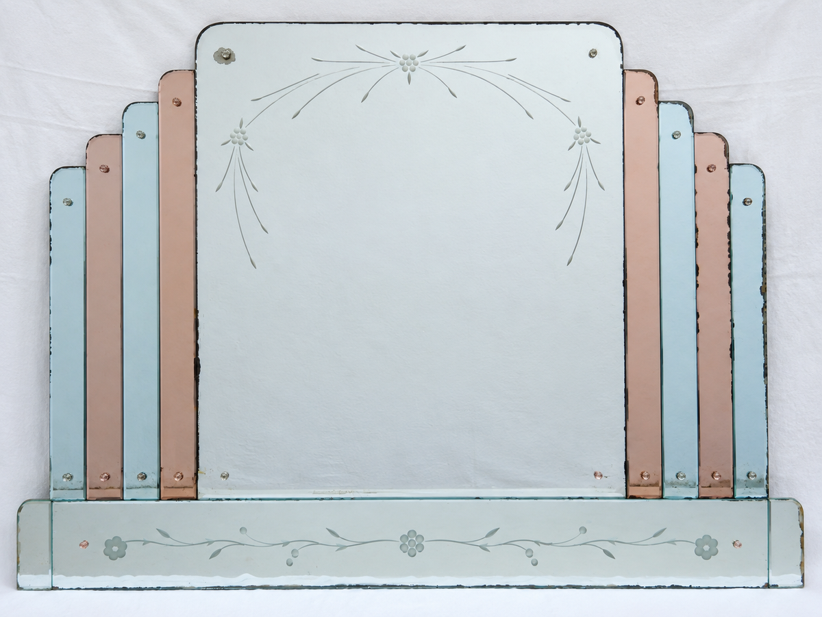 Großer Art-Déco Wandspiegel mit blauem &amp; roséfarbenem Spiegelglas – ca. 1930/40er - Artikelbild von Fummel & Gedöns Secondhand-Store