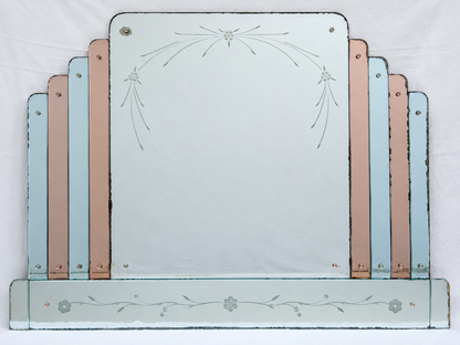 Großer Art-Déco Wandspiegel mit blauem & roséfarbenem Spiegelglas – ca. 1930/40er