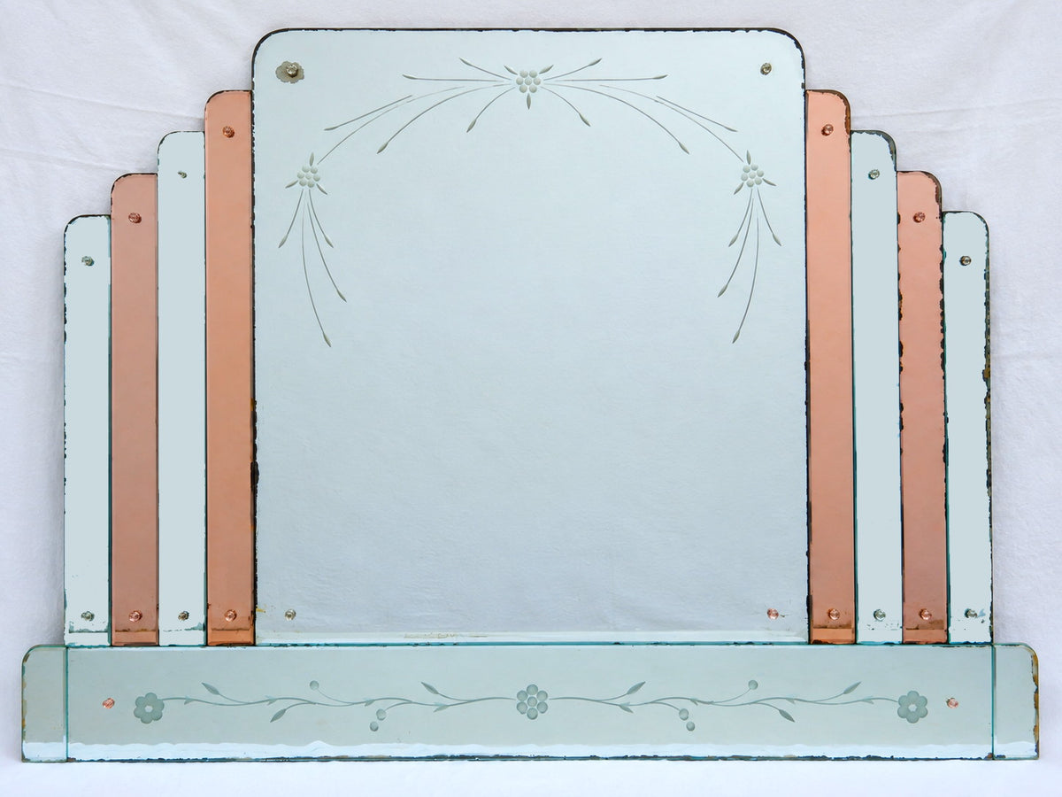 Großer Art-Déco Wandspiegel mit roséfarbenem Spiegelglas – 1930er