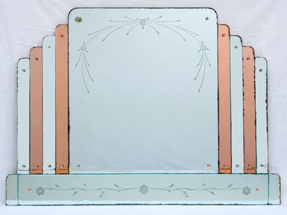 Großer Art-Déco Wandspiegel mit roséfarbenem Spiegelglas – 1930er