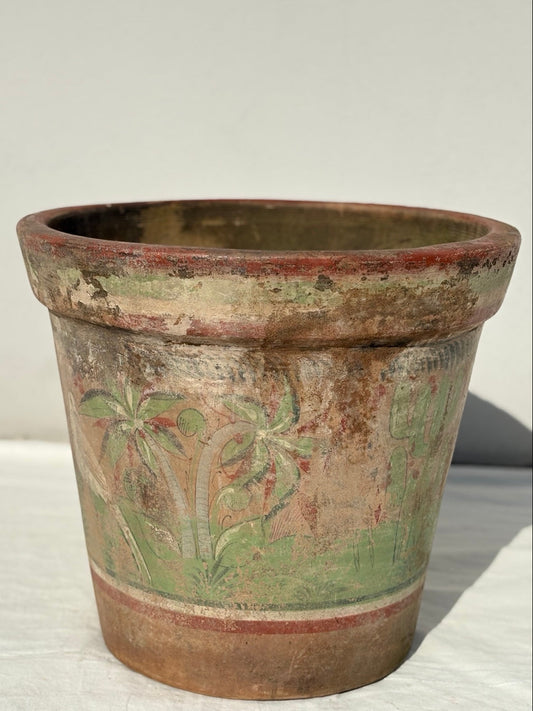 Großer handbemalter Vintage Pflanzkübel aus Terrakotta, 40 cm hoch und 45 cm Durchmesser
