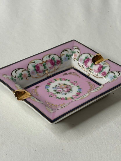 Vintage Porzellan-Aschenbecher rosa mit Rosendekor