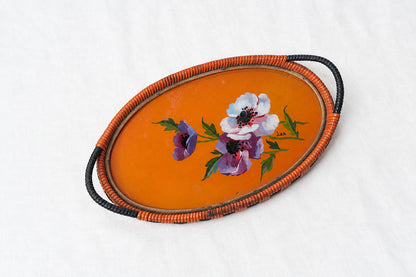 Vintage Rattan Serviertablett orange mit Blumen